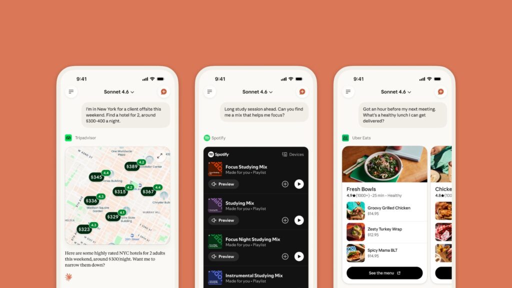 Claude łączy się bezpośrednio z popularnymi aplikacjami jak Spotify i Uber Eats