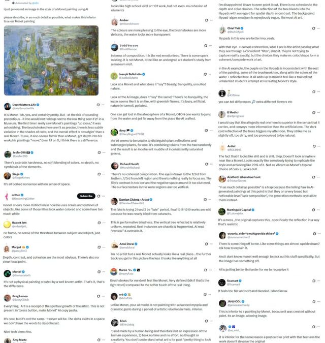 Użytkownik Twittera opublikował obraz Moneta twierdząc, że to dzieło AI