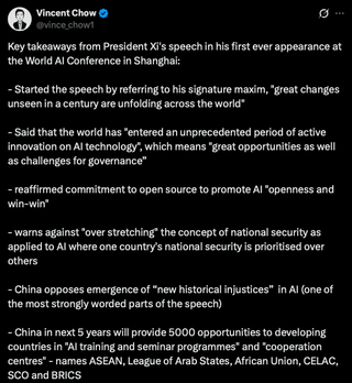 Xi Jinping na World AI Conference: otwarte oprogramowanie kluczem do współpracy