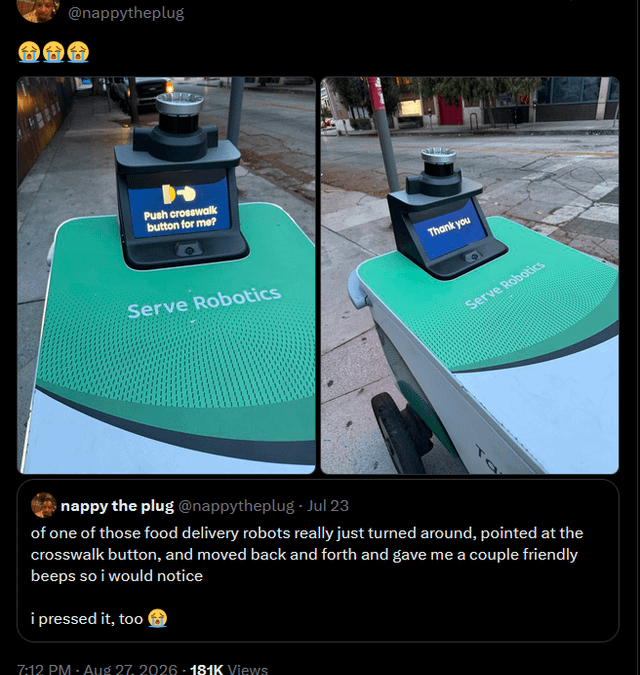Roboty dostawcze proszą ludzi o pomoc przy przechodzeniu przez ulicę