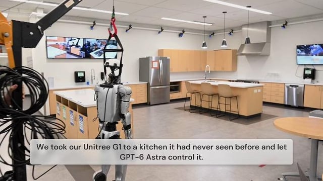 GPT-6 Astra steruje robotem humanoidalnym w nieznanym pomieszczeniu